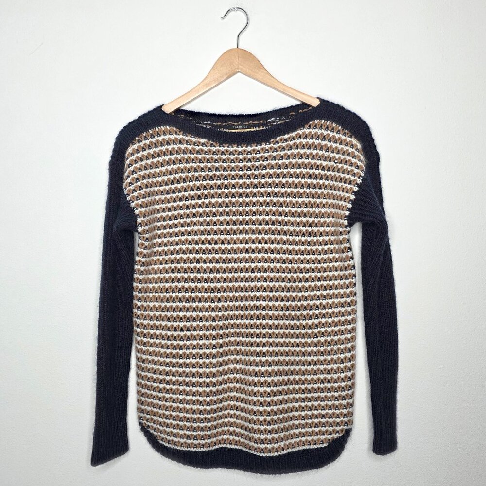 Talbots Textured Wool Blend Fair Isle Knit Sweater Navy  Brown White Crew Neck